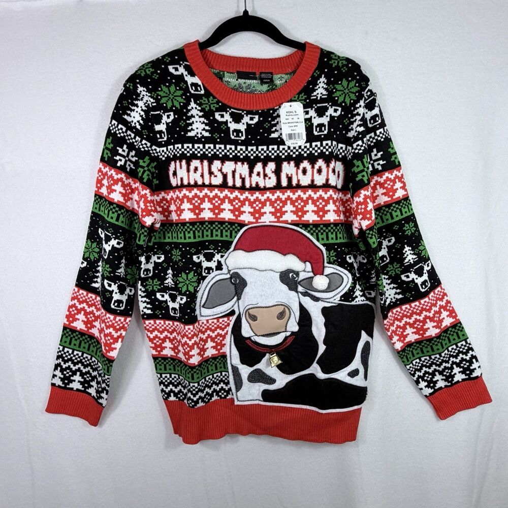Mad Engine Cow Ugly Christmas Sweater Holiday Bell Novelty Applique Size L Party